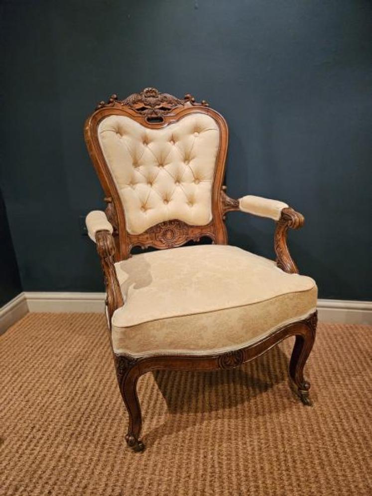 Victorian Carved Walnut Frame Open Armchair - Image 1