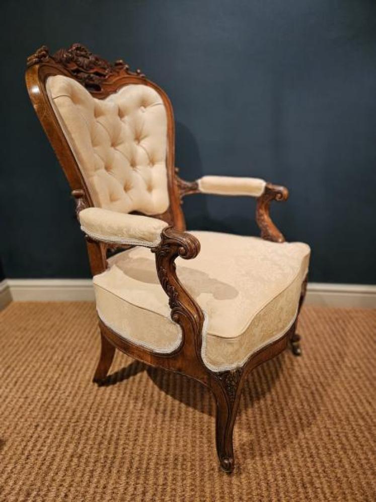 Victorian Carved Walnut Frame Open Armchair - Image 3