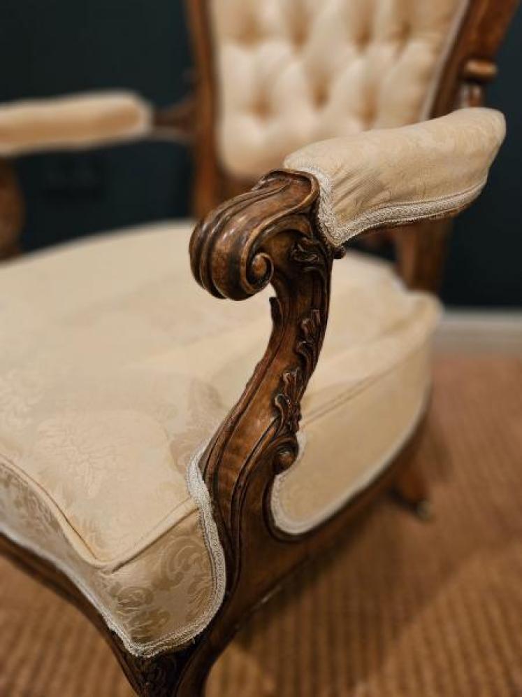 Victorian Carved Walnut Frame Open Armchair - Image 7