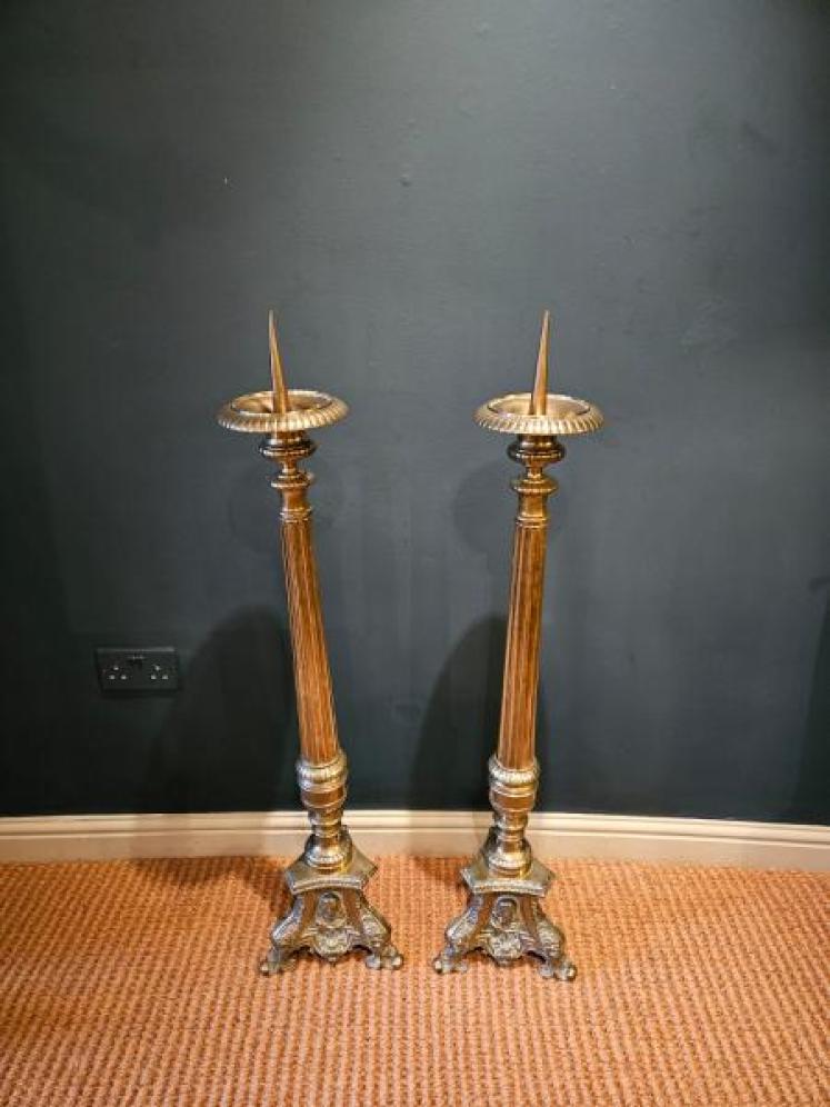 Early Victorian Pair of Floor Standing Brass Pricket Candlesticks - Image 2