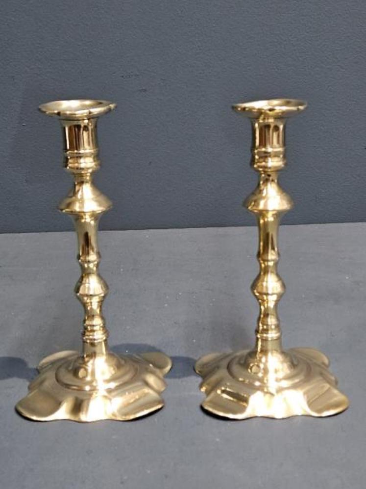 Pair of George III Brass Petal Base Candlesticks - Image 1