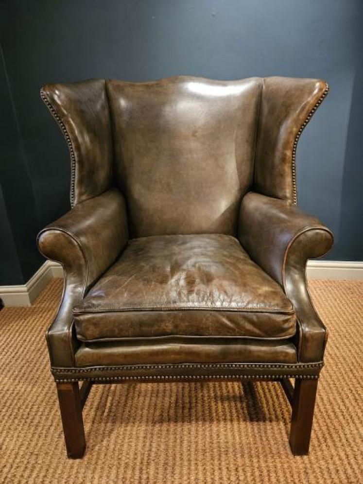 Superb Edwardian Olive Green Leather Wing Back Armchair - Image 1