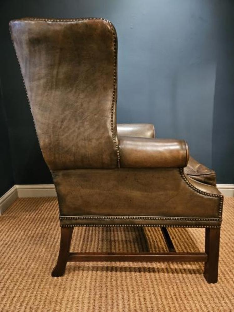Superb Edwardian Olive Green Leather Wing Back Armchair - Image 2