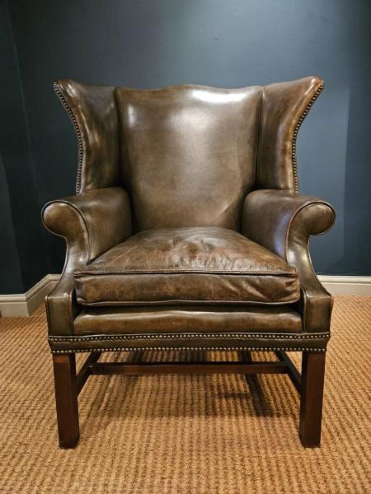 Superb Edwardian Olive Green Leather Wing Back Armchair - Image 3