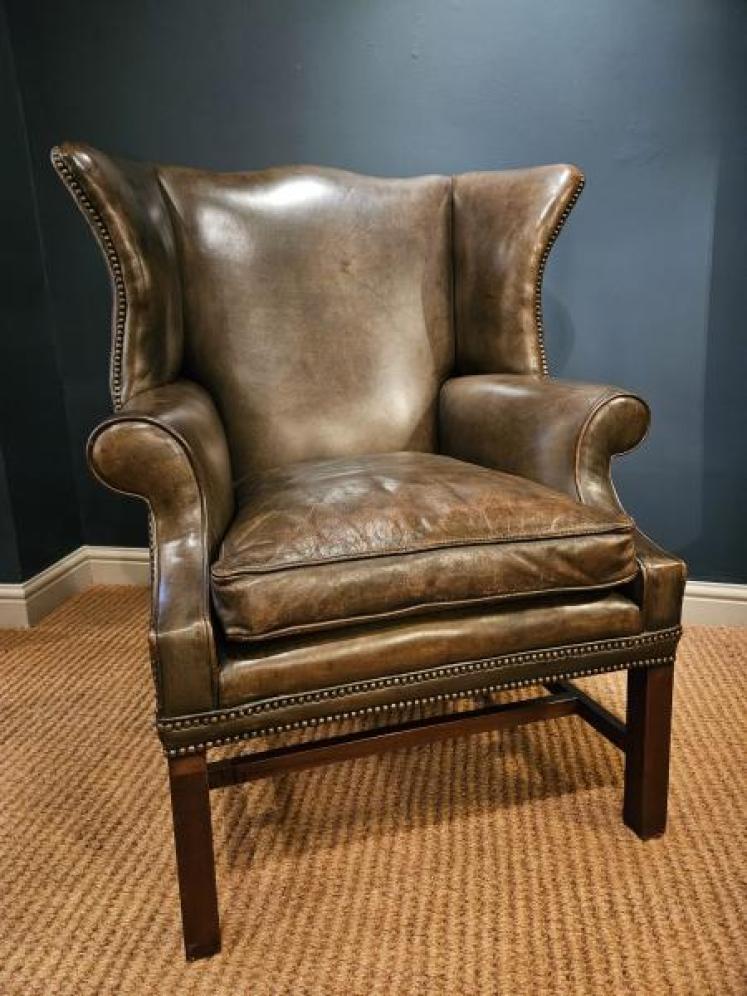 Superb Edwardian Olive Green Leather Wing Back Armchair - Image 4