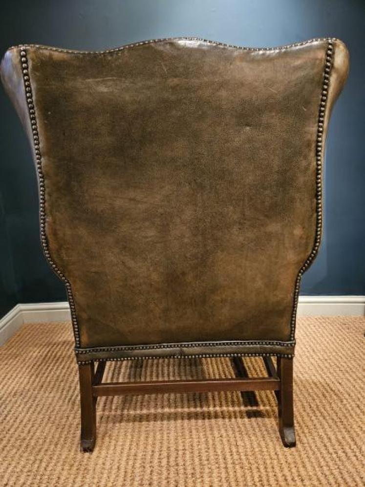 Superb Edwardian Olive Green Leather Wing Back Armchair - Image 5