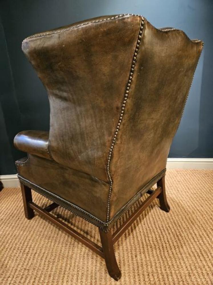 Superb Edwardian Olive Green Leather Wing Back Armchair - Image 6