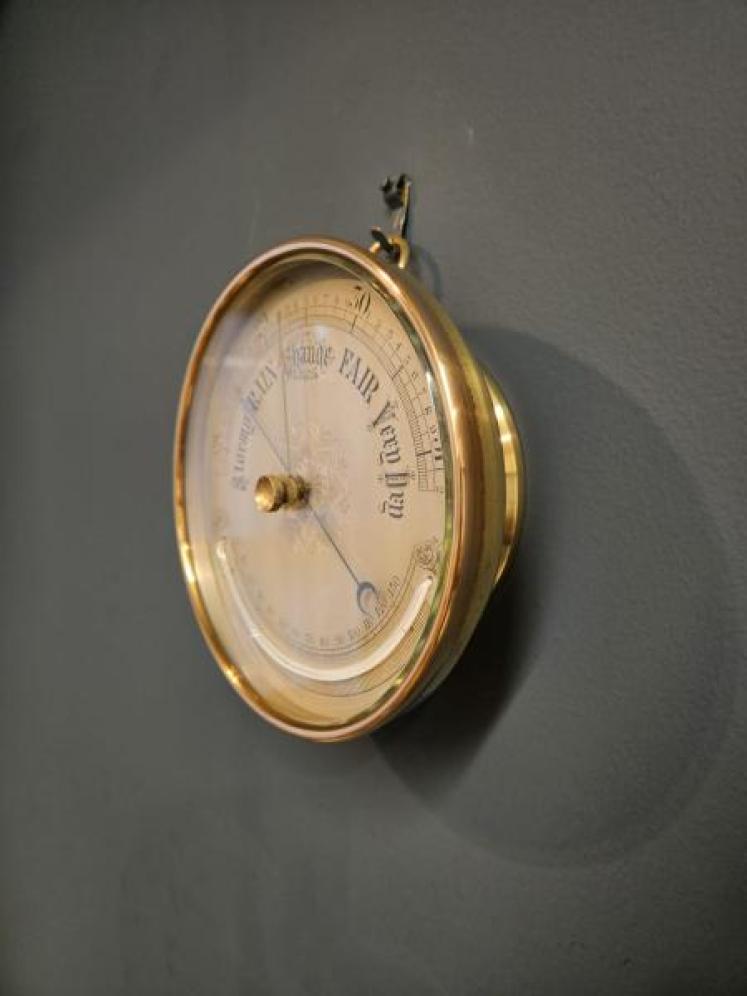 Large Victorian Brass Cased Marine Barometer and Crescent Thermometer - Image 2