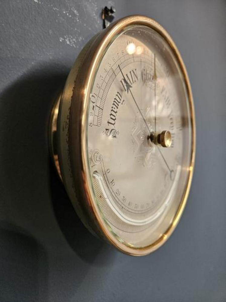 Large Victorian Brass Cased Marine Barometer and Crescent Thermometer - Image 3