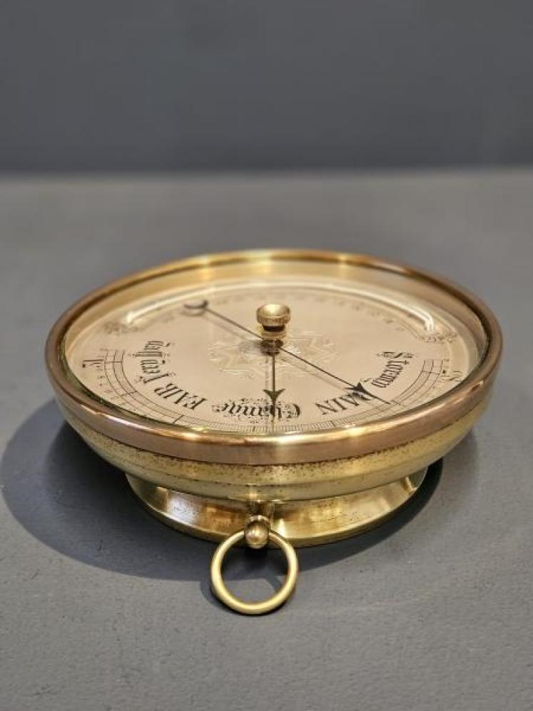 Large Victorian Brass Cased Marine Barometer and Crescent Thermometer - Image 4