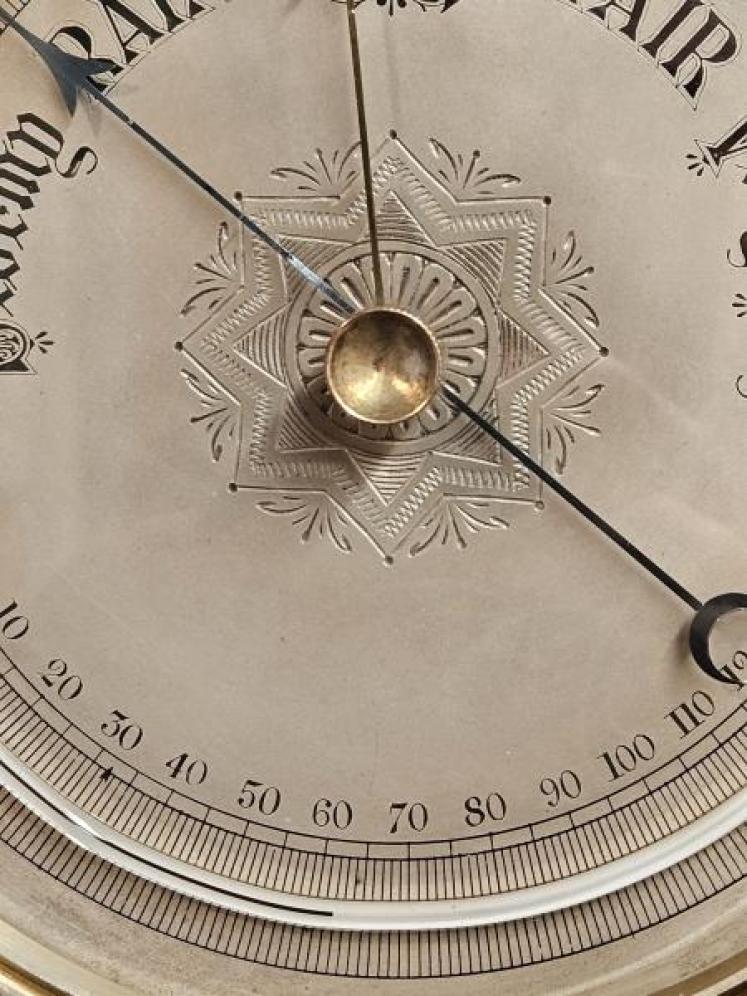 Large Victorian Brass Cased Marine Barometer and Crescent Thermometer - Image 5
