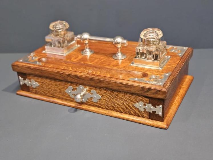 Victorian Oak and Silver Plated Pen & Ink Stand - Image 1