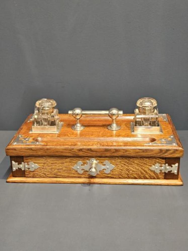 Victorian Oak and Silver Plated Pen & Ink Stand - Image 5