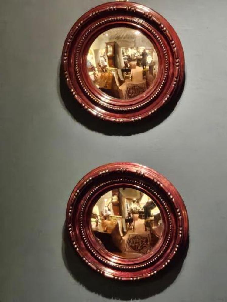 Matching Pair of Mahogany Convex Mirrors - Image 1