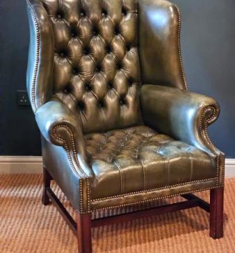 Green Leather Chesterfield Wing Back Arm Chair