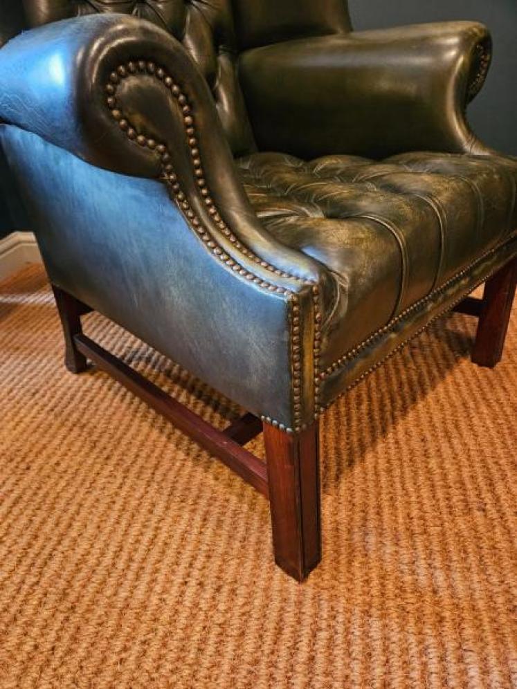 Green Leather Chesterfield Wing Back Arm Chair - Image 4
