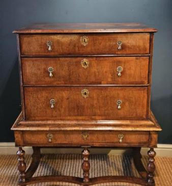 Outstanding Small William and Mary Walnut Chest on Stand