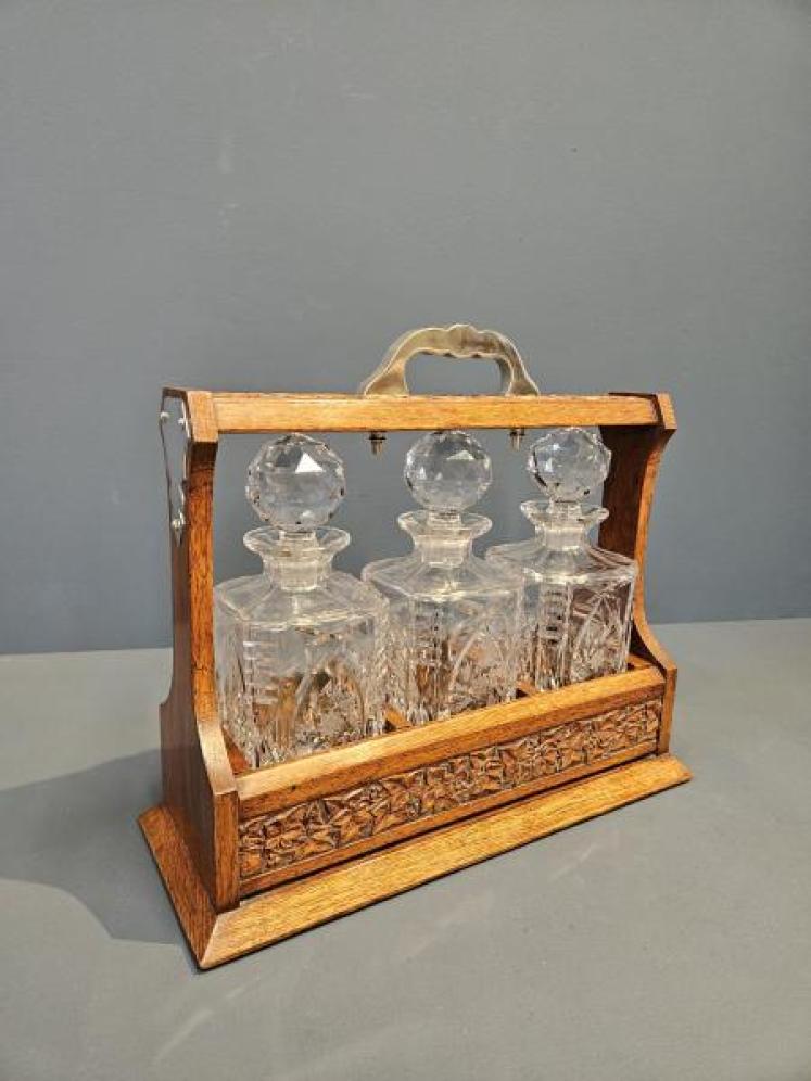 Victorian Carved Oak Three Bottle Tantalus  - Image 1