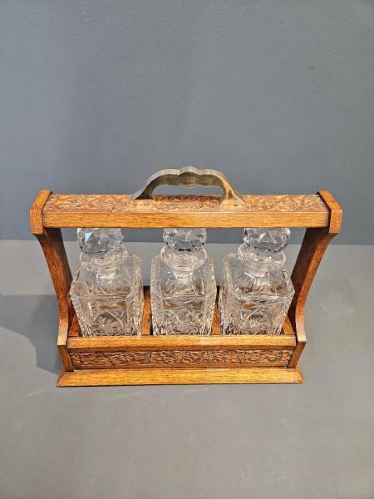 Victorian Carved Oak Three Bottle Tantalus  - Image 2