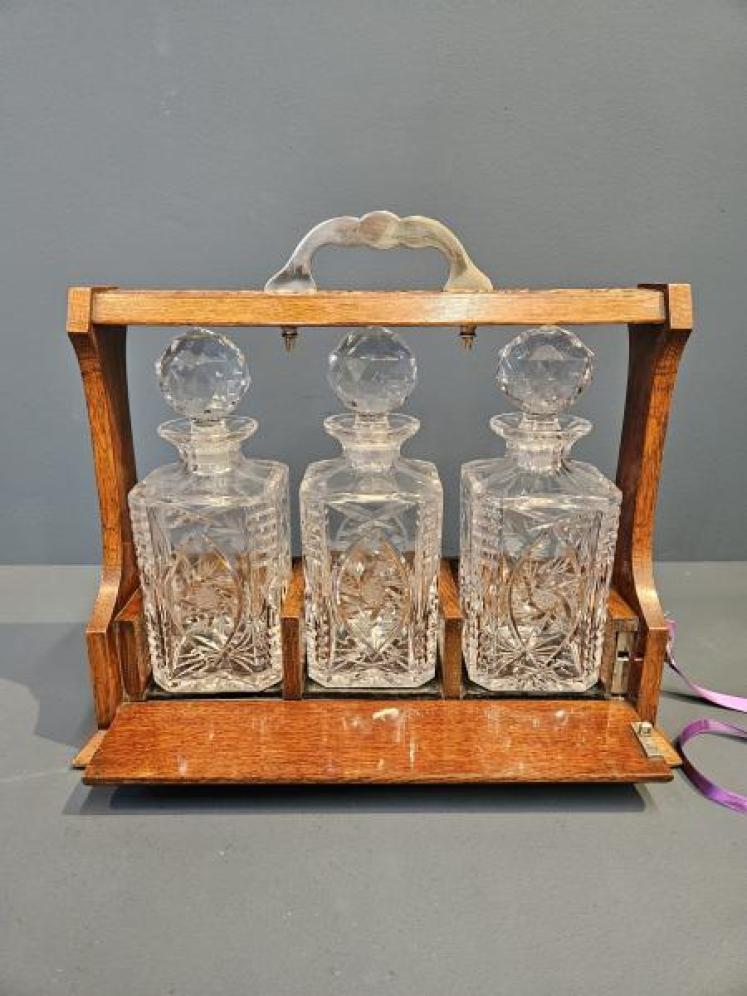 Victorian Carved Oak Three Bottle Tantalus  - Image 3