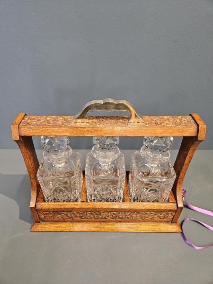 Victorian Carved Oak Three Bottle Tantalus  - Image 7