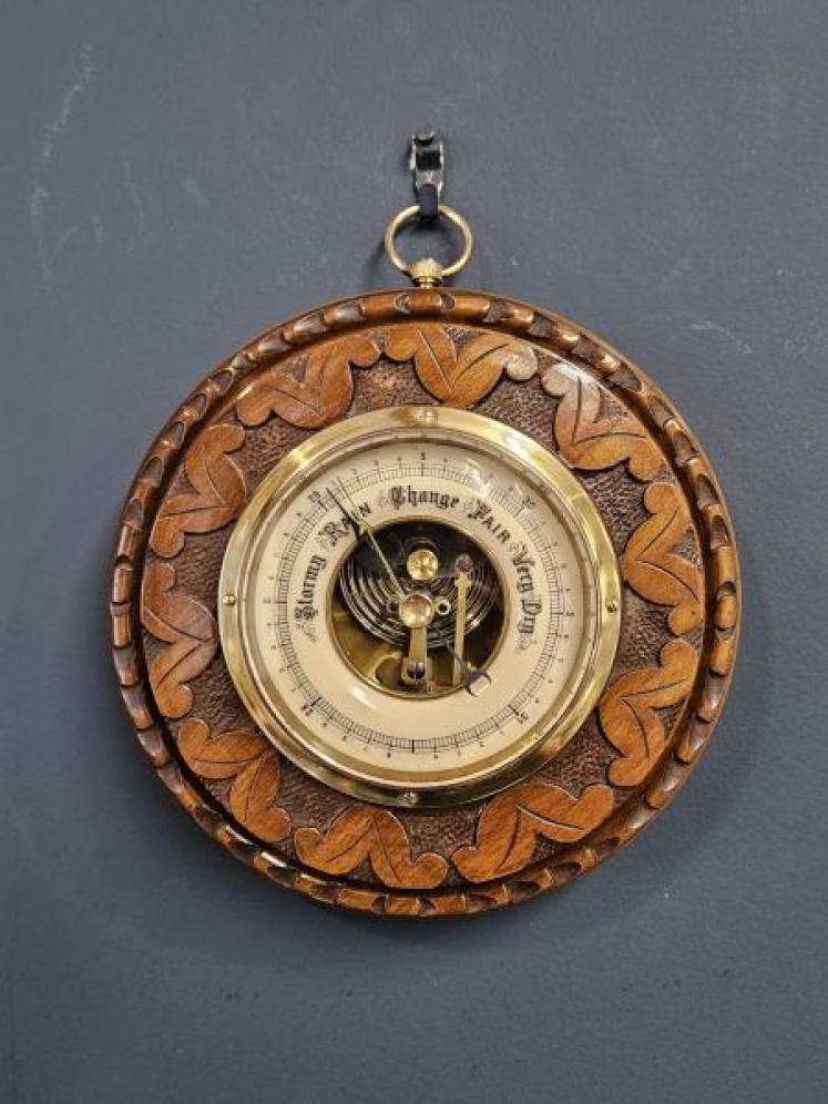 Small Carved Walnut Aneroid Barometer - Image 1