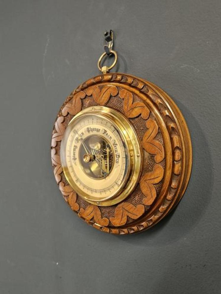 Small Carved Walnut Aneroid Barometer - Image 2