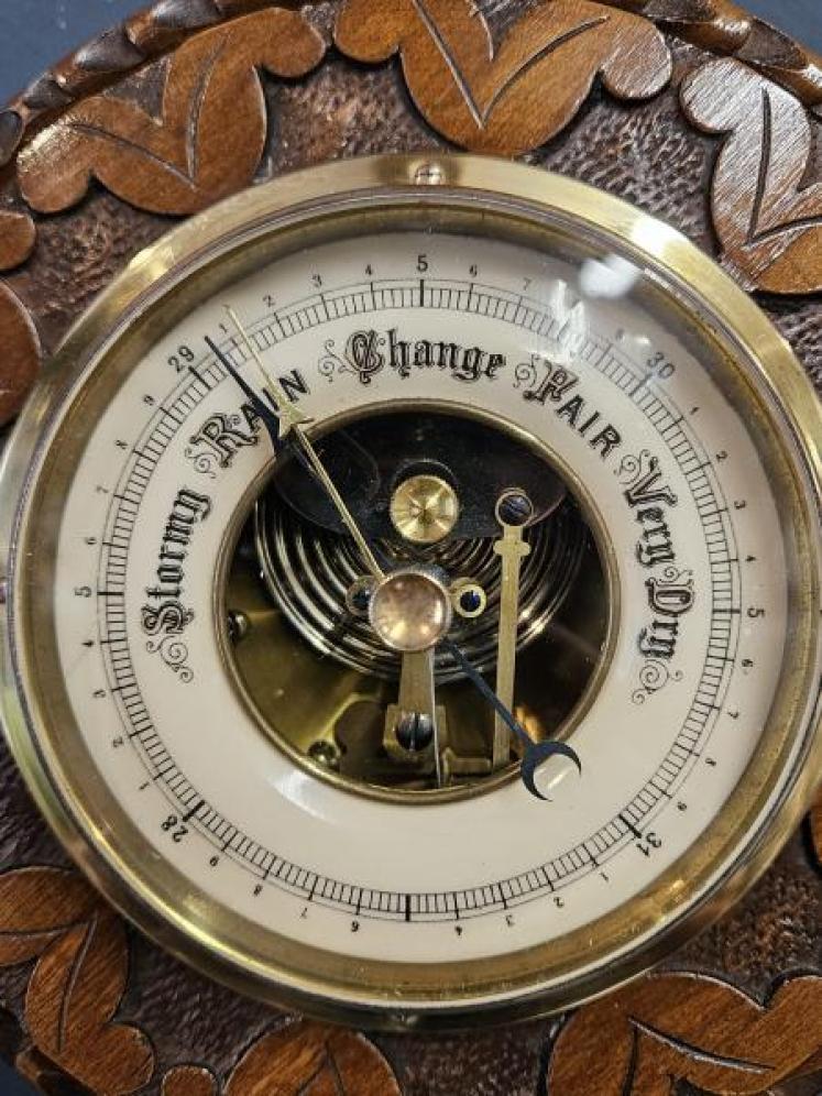 Small Carved Walnut Aneroid Barometer - Image 5