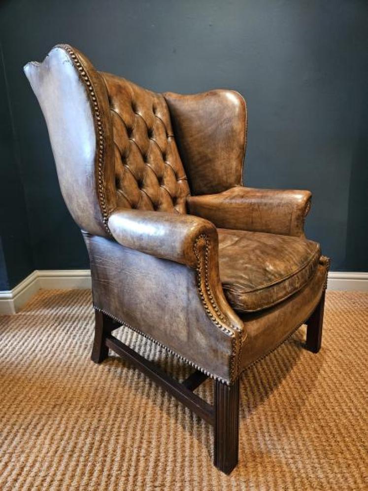 1920's Button Back Leather Wing Arm Chair - Image 4