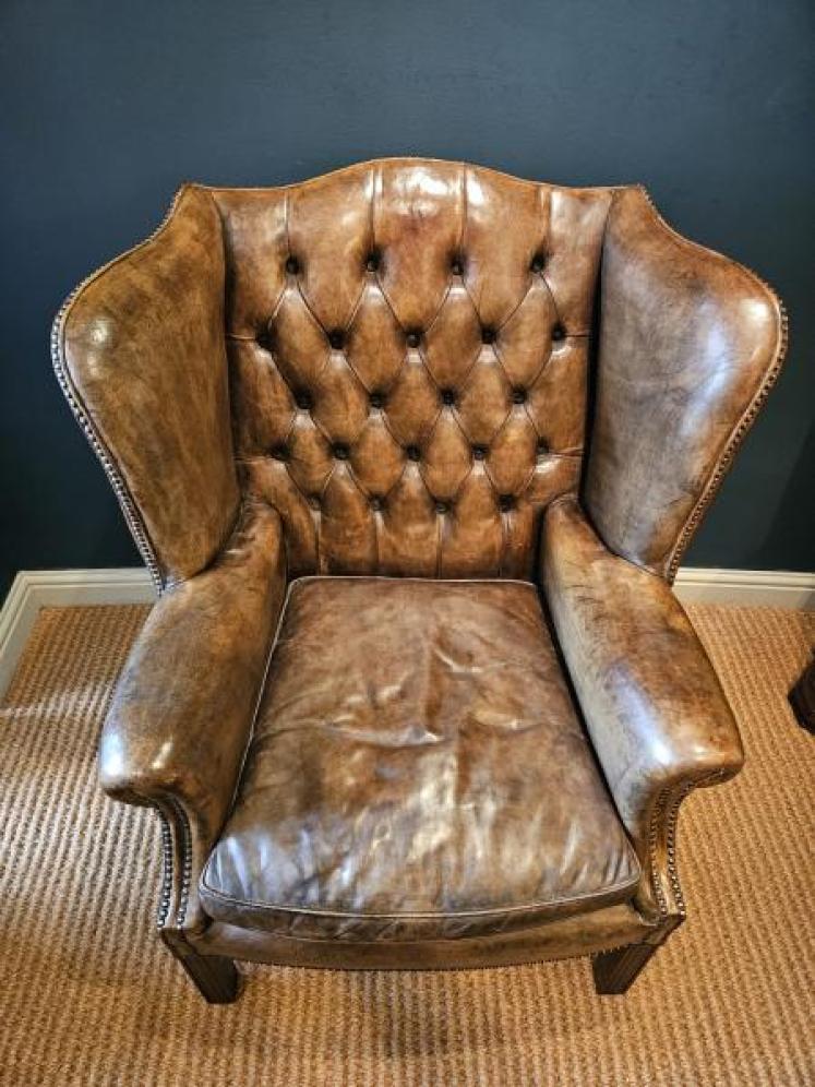 1920's Button Back Leather Wing Arm Chair - Image 6