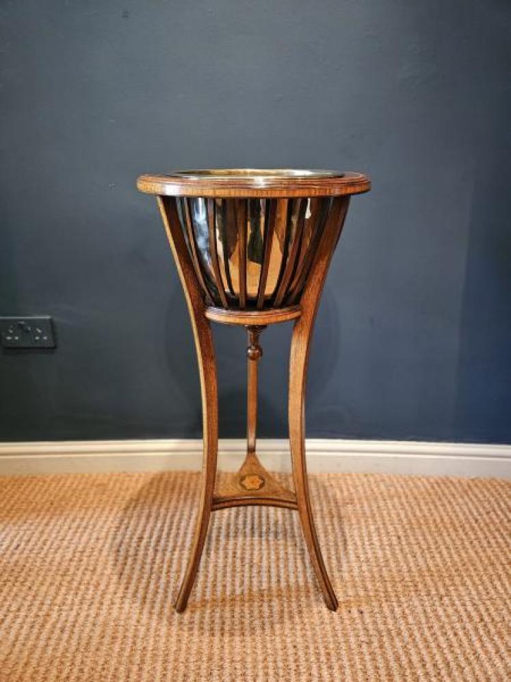 Edwardian Inlaid Mahogany Plant Stand & Brass Liner - Image 1