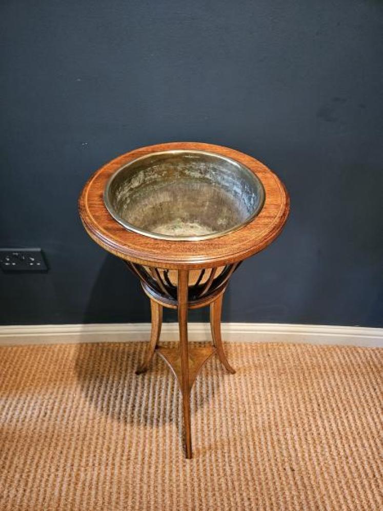 Edwardian Inlaid Mahogany Plant Stand & Brass Liner - Image 7