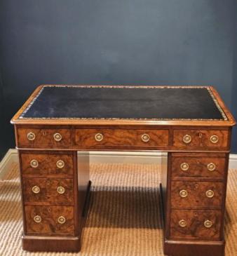 Victorian Burr Walnut Pedestal Desk
