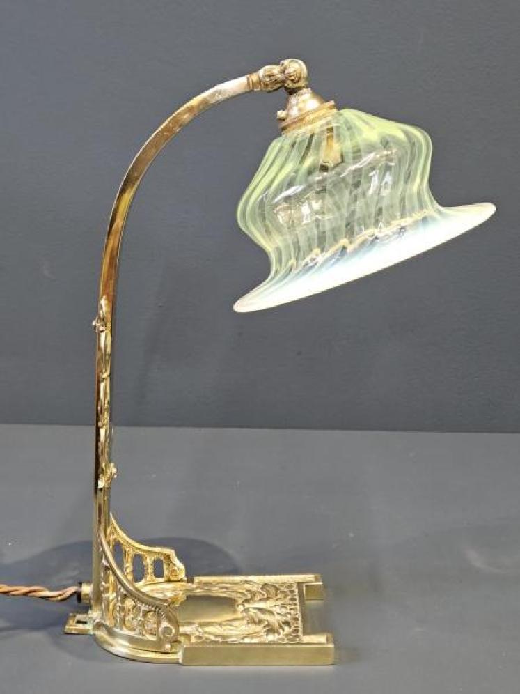 Art Nouveau Lamp and Vaseline Glass Shade - Image 1