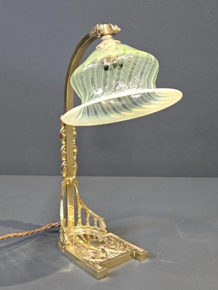 Art Nouveau Lamp and Vaseline Glass Shade - Image 4