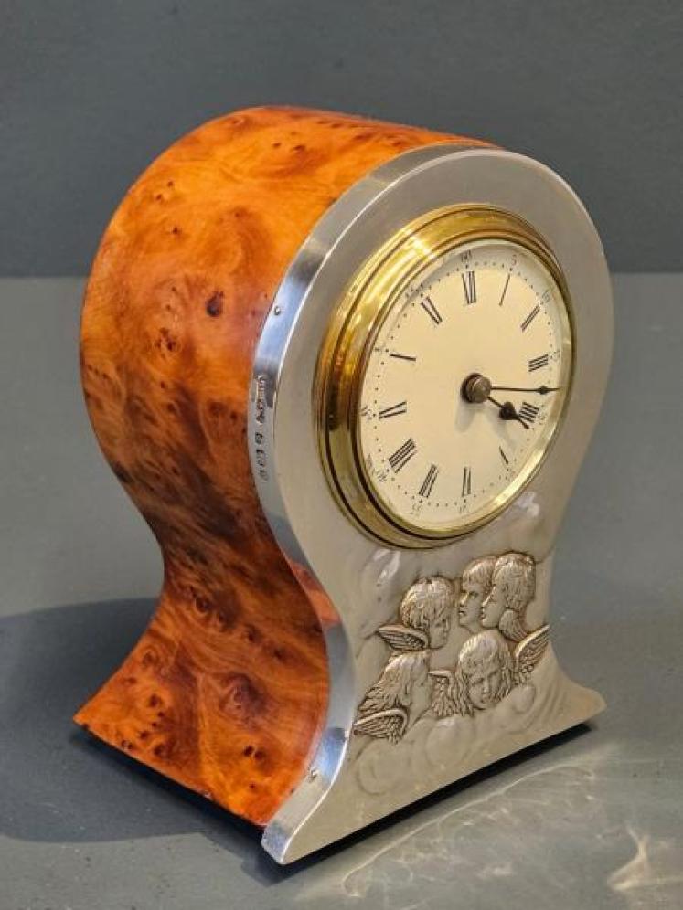 Edwardian Silver and Burr Yew Mantel Clock - Image 2