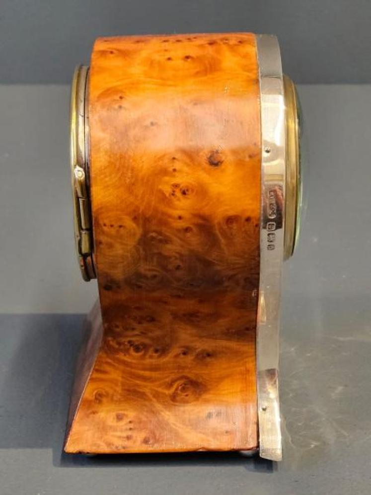 Edwardian Silver and Burr Yew Mantel Clock - Image 4