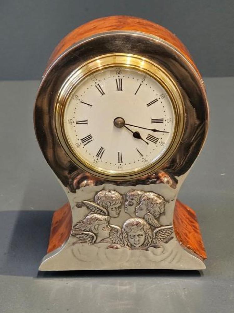 Edwardian Silver and Burr Yew Mantel Clock - Image 7