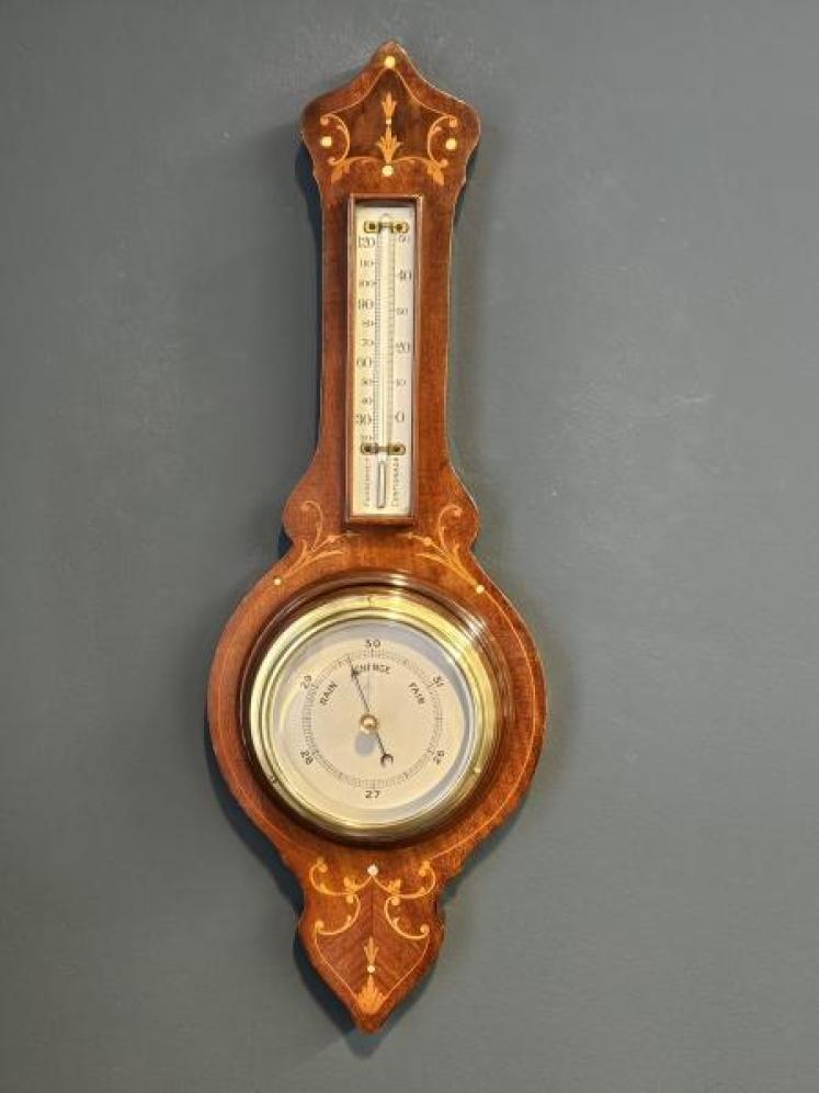 Small Edwardian Inlaid Mahogany Banjo Barometer - Image 1