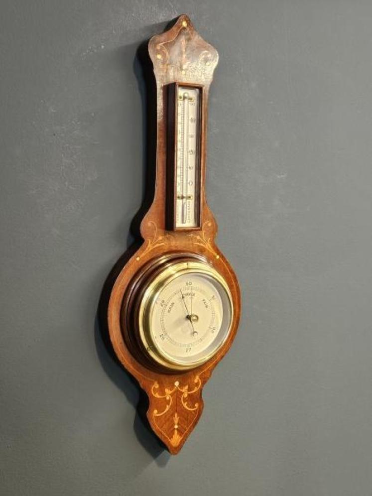 Small Edwardian Inlaid Mahogany Banjo Barometer - Image 5