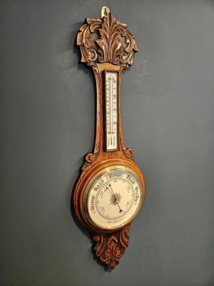 Superb Victorian Carved Oak Banjo Barometer - Image 4