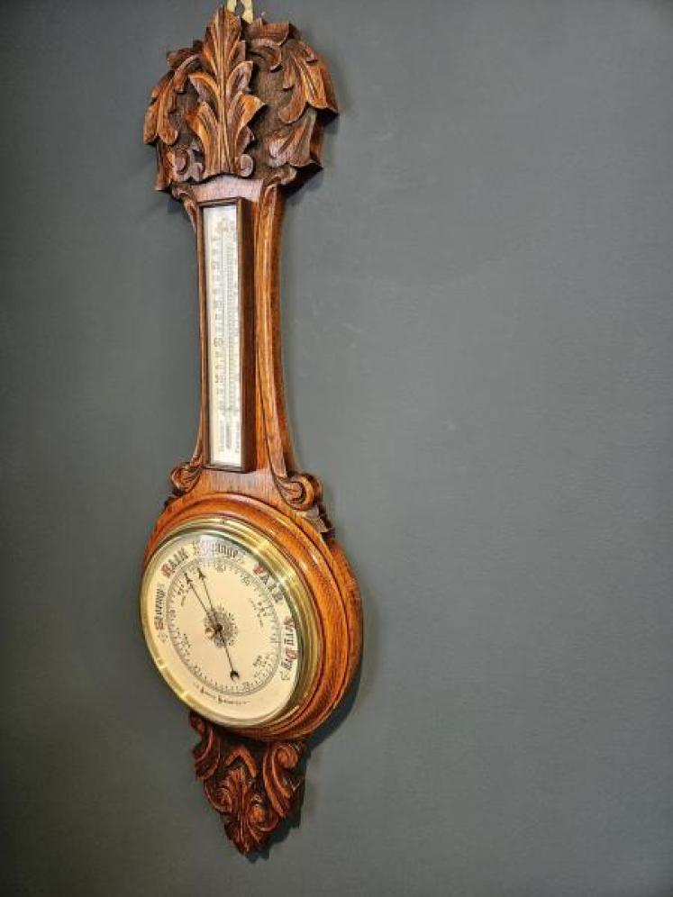 Superb Victorian Carved Oak Banjo Barometer - Image 6