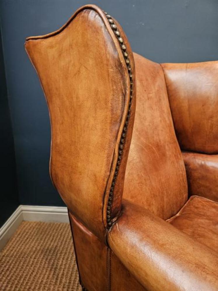 1920's Tan Leather Wing Back Arm Chair  - Image 6