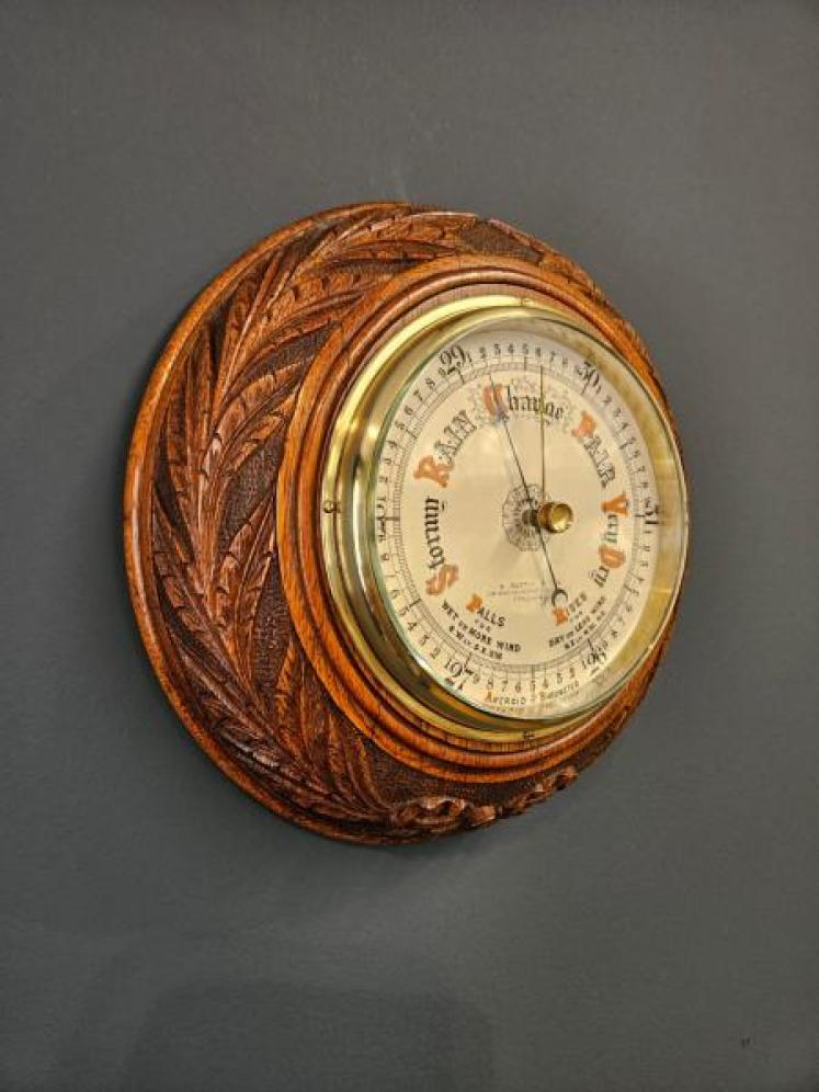 Victorian Carved Leaf and Bow Carved Oak Barometer - Image 2