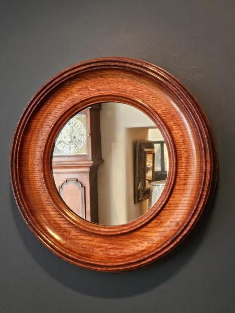Victorian Golden Oak Framed Circular Mirror - Image 1