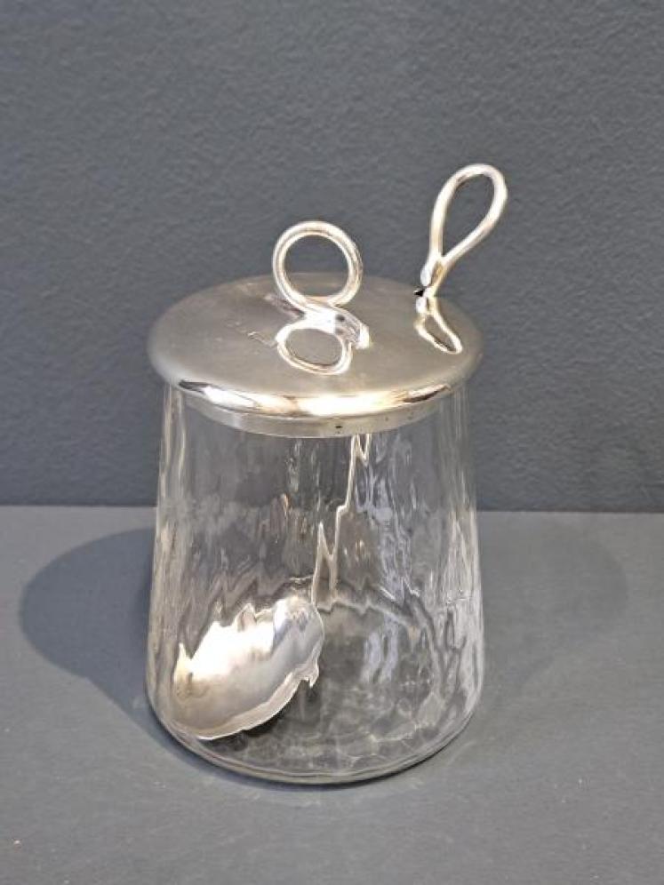 Edwardian Silver Top Jam Pot and Spoon - Image 1