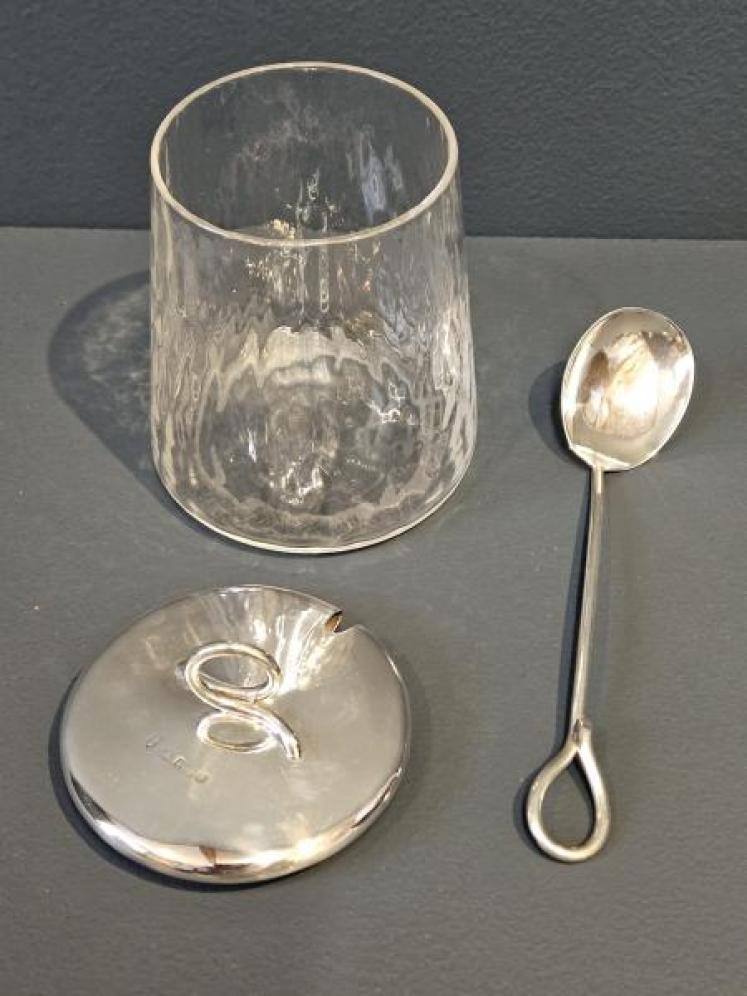 Edwardian Silver Top Jam Pot and Spoon - Image 2