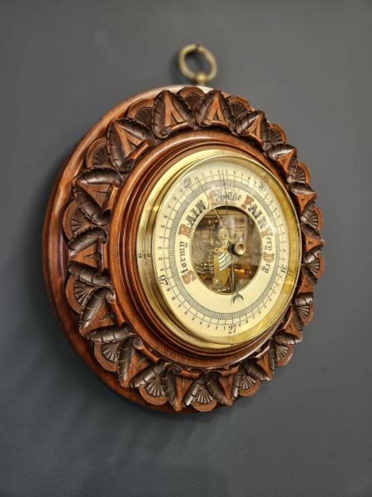 Large Victorian Carved Walnut Wheel Barometer - Image 4