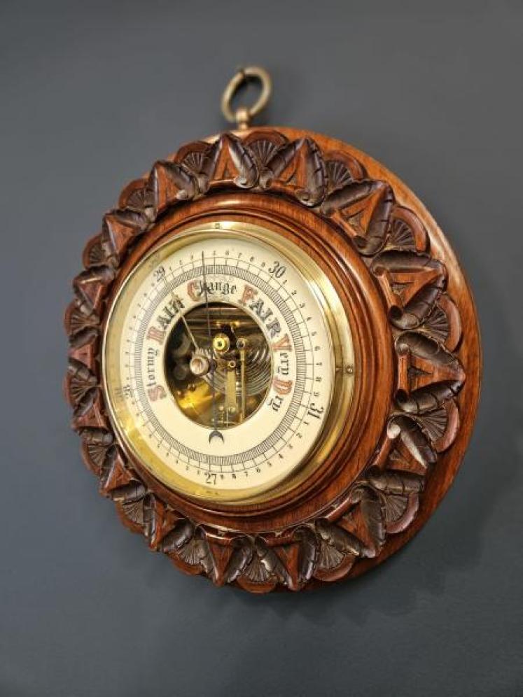 Large Victorian Carved Walnut Wheel Barometer - Image 5