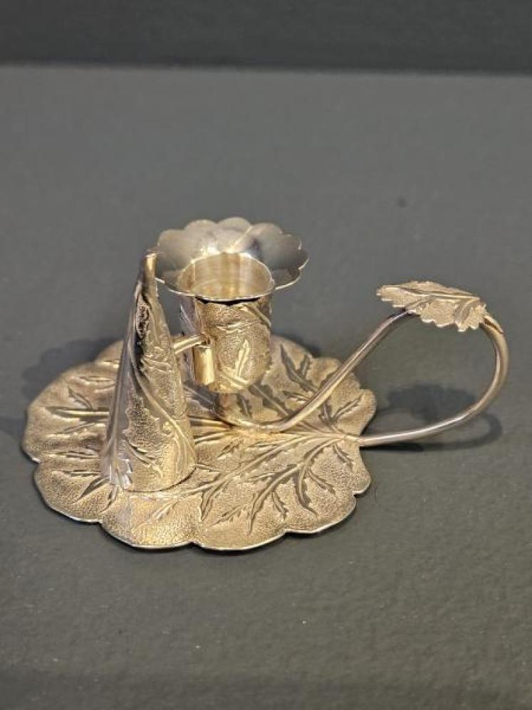 Silver Leaf Design Taper Candle Stick and Snuffer - Image 1